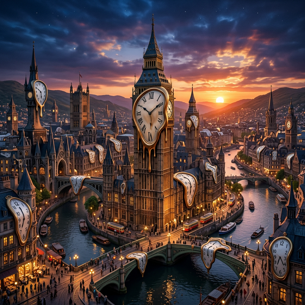 London cityscape with surreal melting clocks hanging on buildings and bridges at sunset