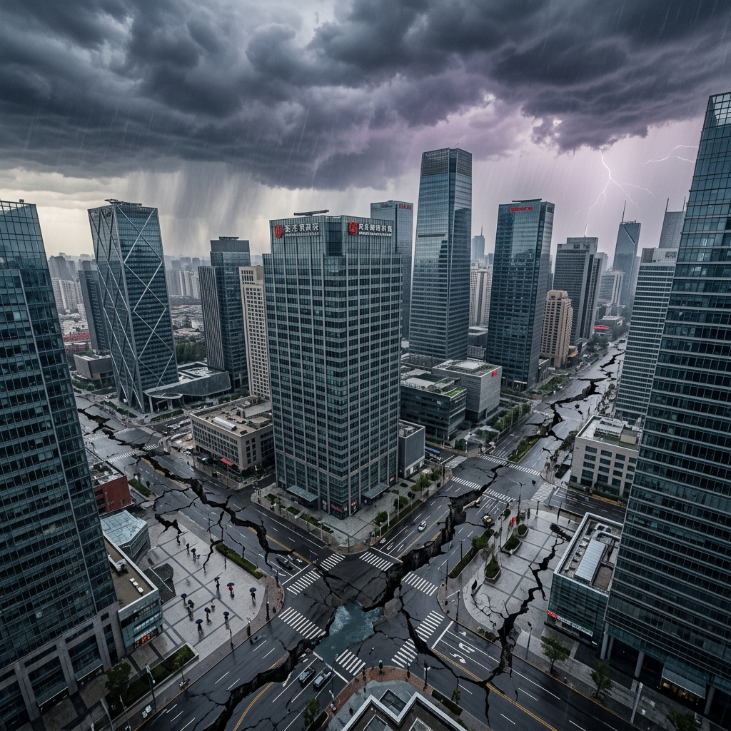 Cityscape with large earthquake cracks on streets under dark storm clouds and lightning