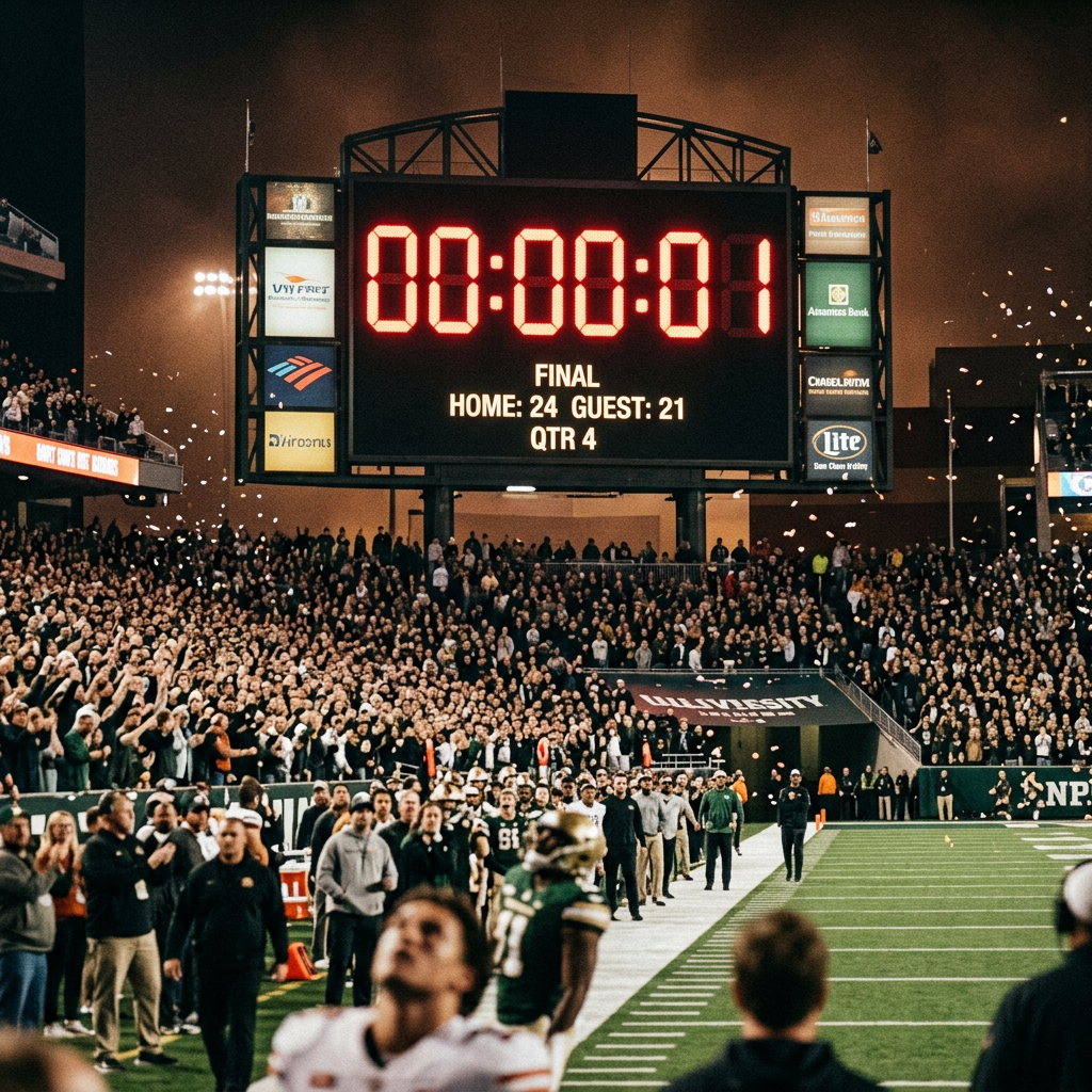 Football stadium scoreboard displaying final score Home 24 Guest 21 with one second left