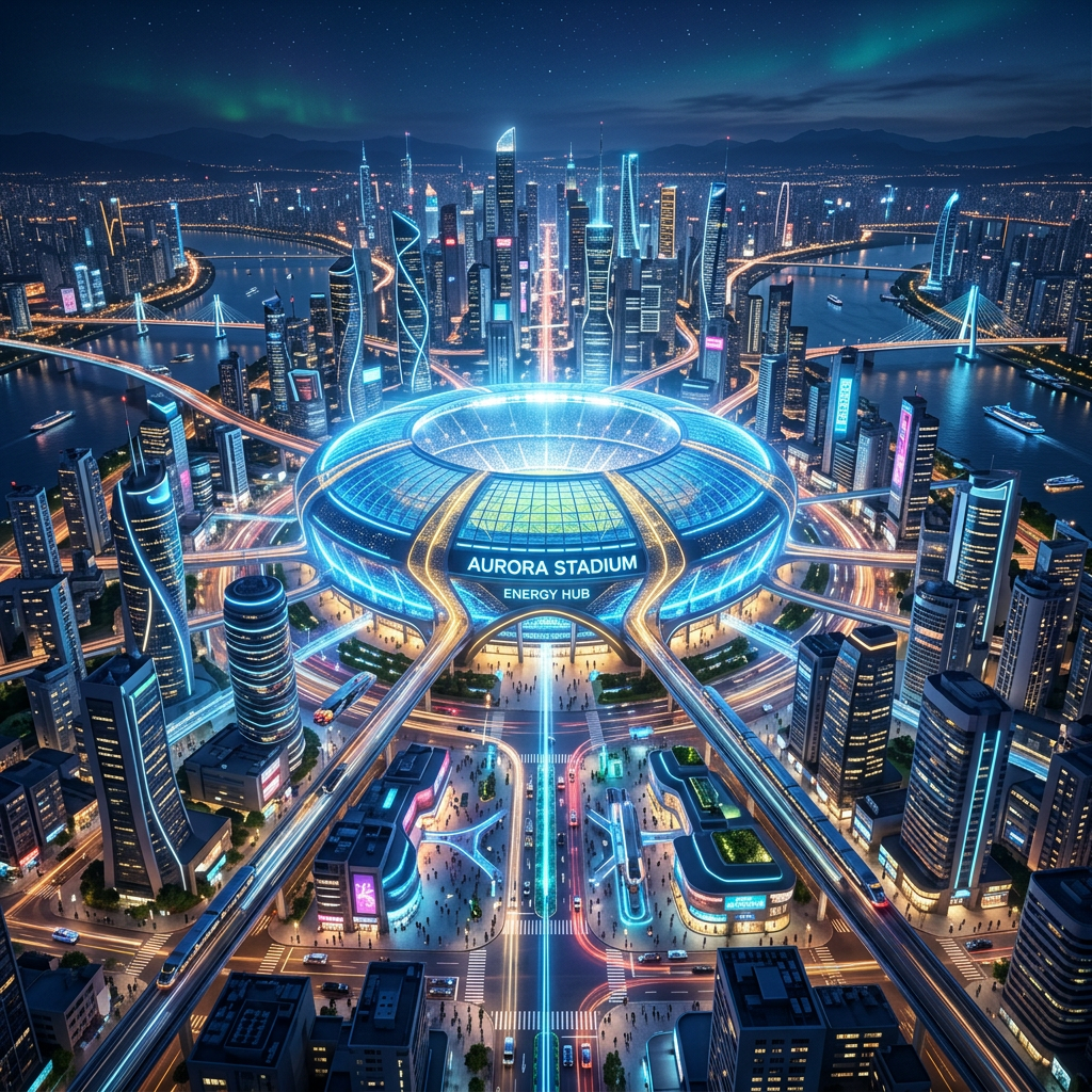 A brightly lit futuristic stadium named Aurora Stadium surrounded by modern skyscrapers and rivers at night