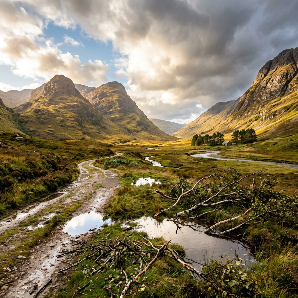 Valley with dirt path, stream, grassy hills, and mountainous background