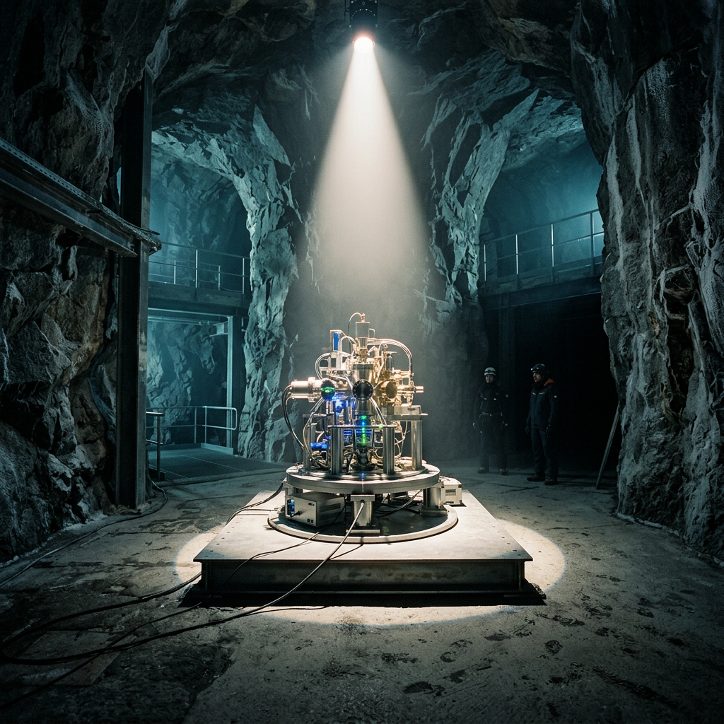 Quantum computer equipment inside a rocky underground cave with two technicians in the background
