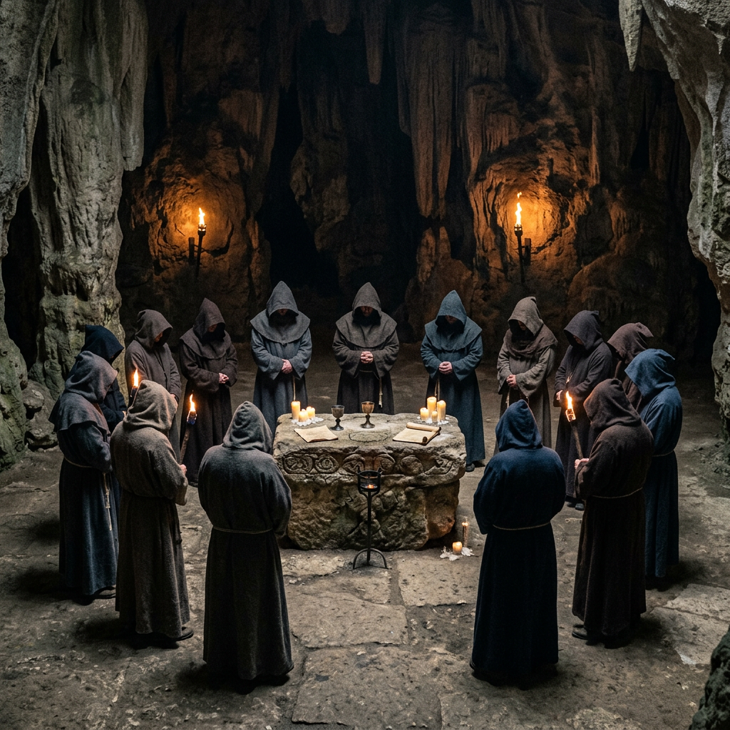 Monks in hooded robes standing in a circle around a stone altar with candles inside a dim cave
