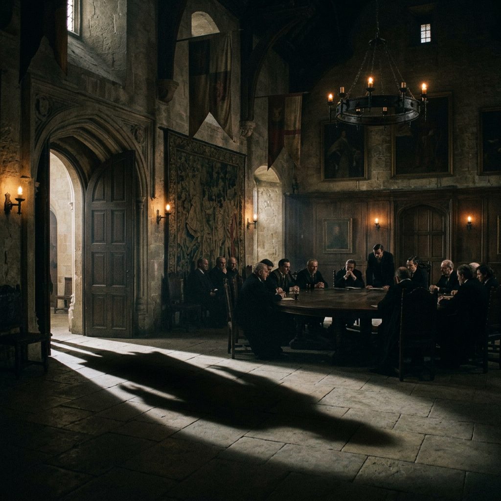 Group of men seated around a circular wooden table in a dim medieval hall with stone walls and lit candles