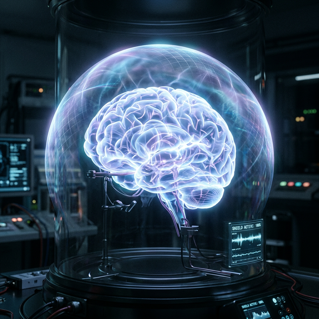 Holographic glowing brain model inside a transparent protective dome in a sci-fi laboratory setting