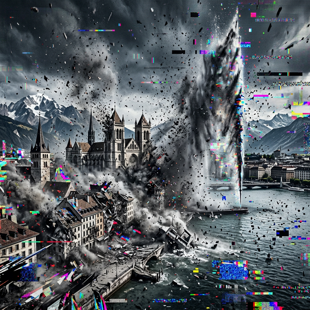 Historic city buildings collapsing amid explosion and digital distortion by a waterfront with mountains in the background