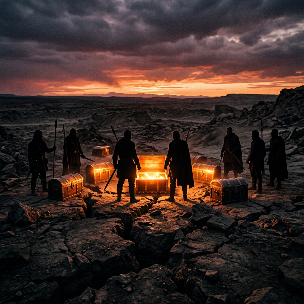 Seven cloaked figures holding spears standing around illuminated treasure chests on rocky terrain at sunset