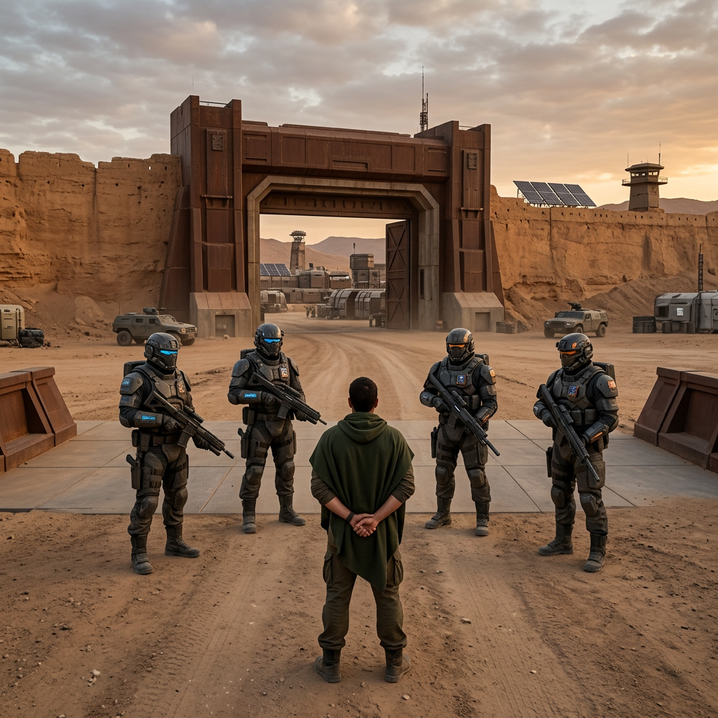 A man in green stands before four armed futuristic soldiers at a fortress gate in a desert.