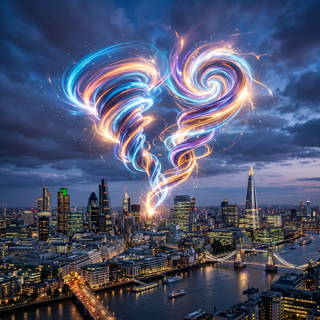 Two glowing, colorful spiral vortexes hovering above London's city skyline at twilight