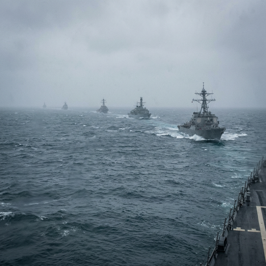 Naval warships sailing in a single file formation on rough ocean waters under a gray sky.
