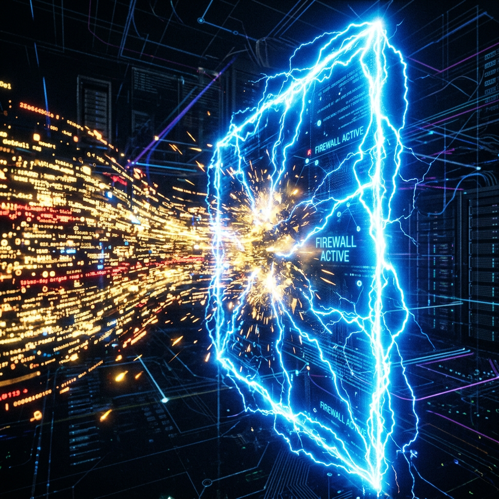 Digital firewall glowing with blue electric energy blocking streams of data with sparks