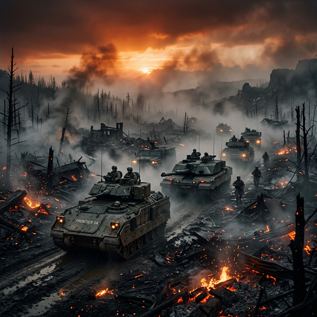 Armored military vehicles and soldiers navigating a charred, burning landscape under a smoky sunset sky