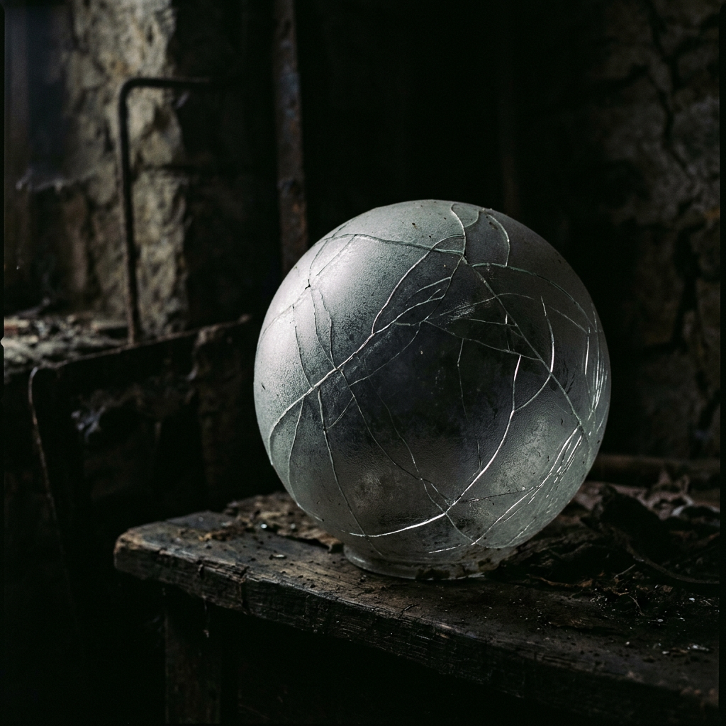 Cracked glass sphere on weathered wooden bench in dark interior