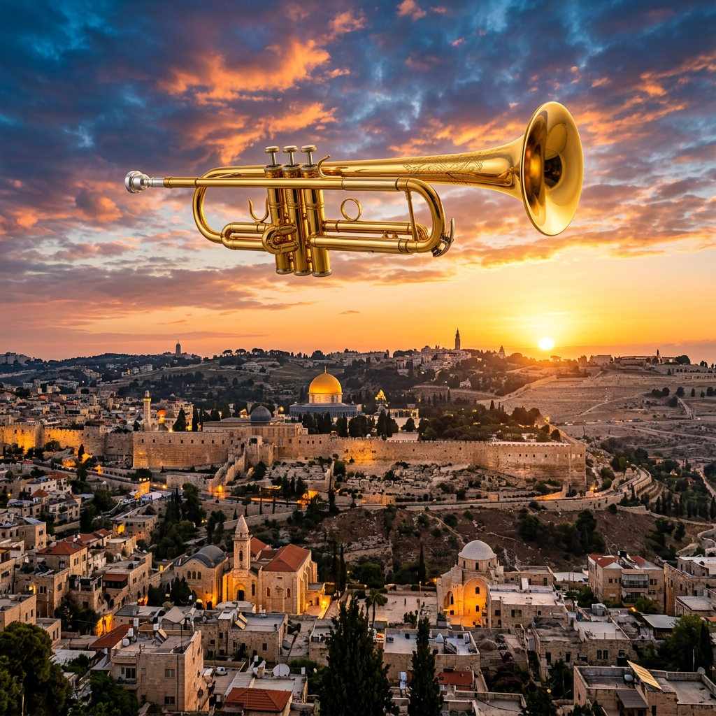 Golden trumpet suspended in the sky over Jerusalem at sunset