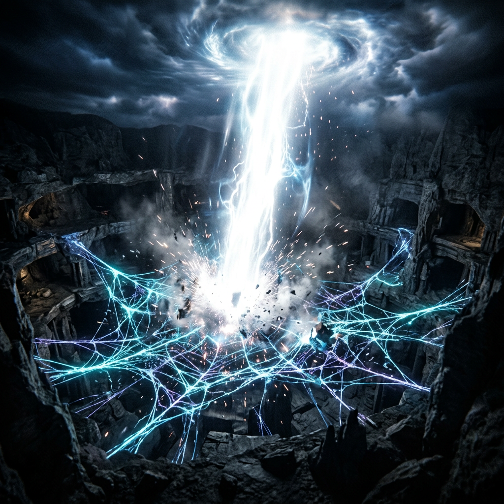 Bright energy beam hitting center of ancient stone arena with electric blue energy webs