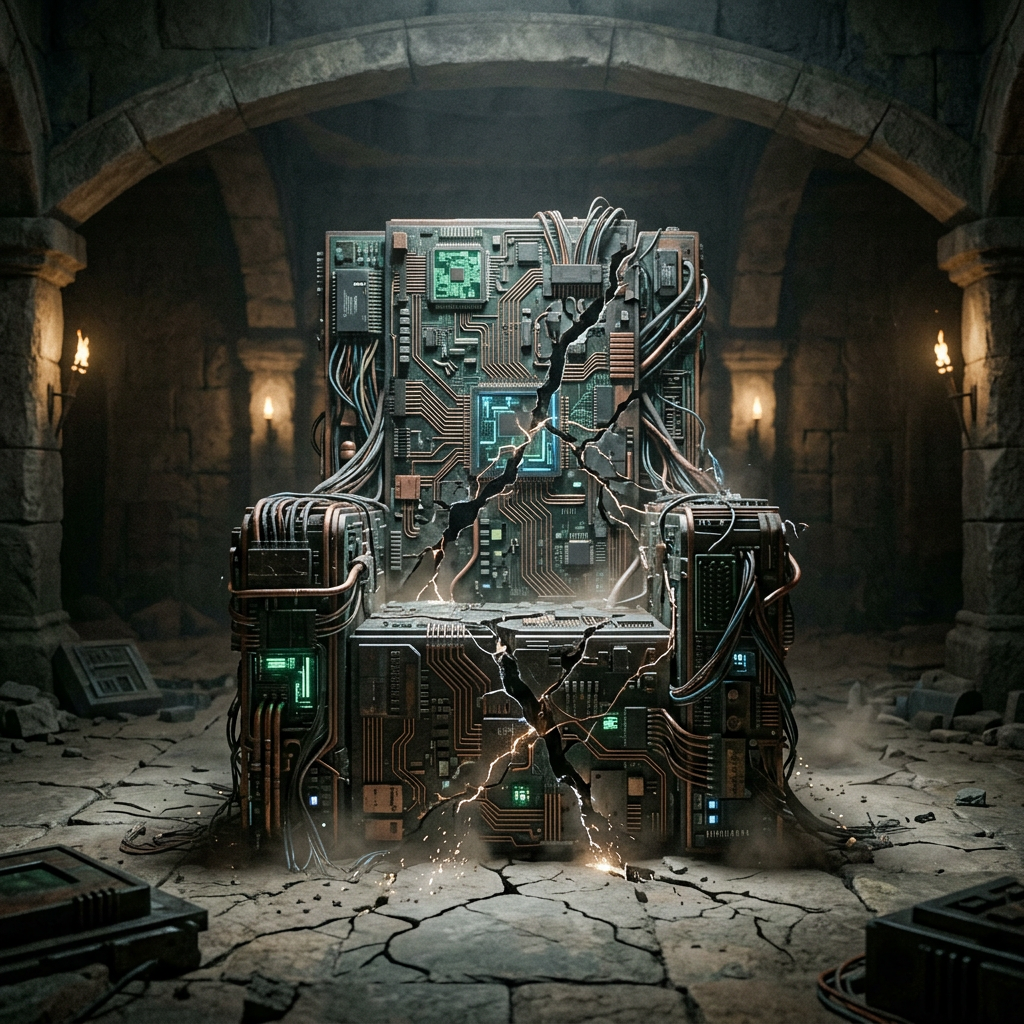 Cracked throne integrated with glowing circuit boards and cables inside a stone dungeon