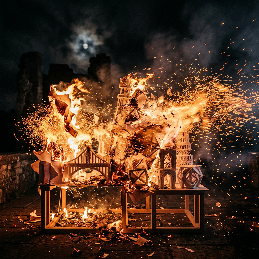 Architectural models on a table burning fiercely with sparks and flames at night