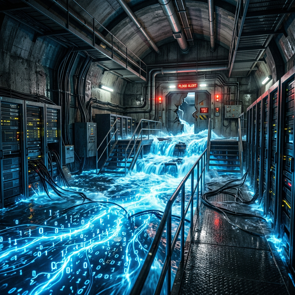 Server room flooded with glowing digital water and binary code, warning sign for flood alert