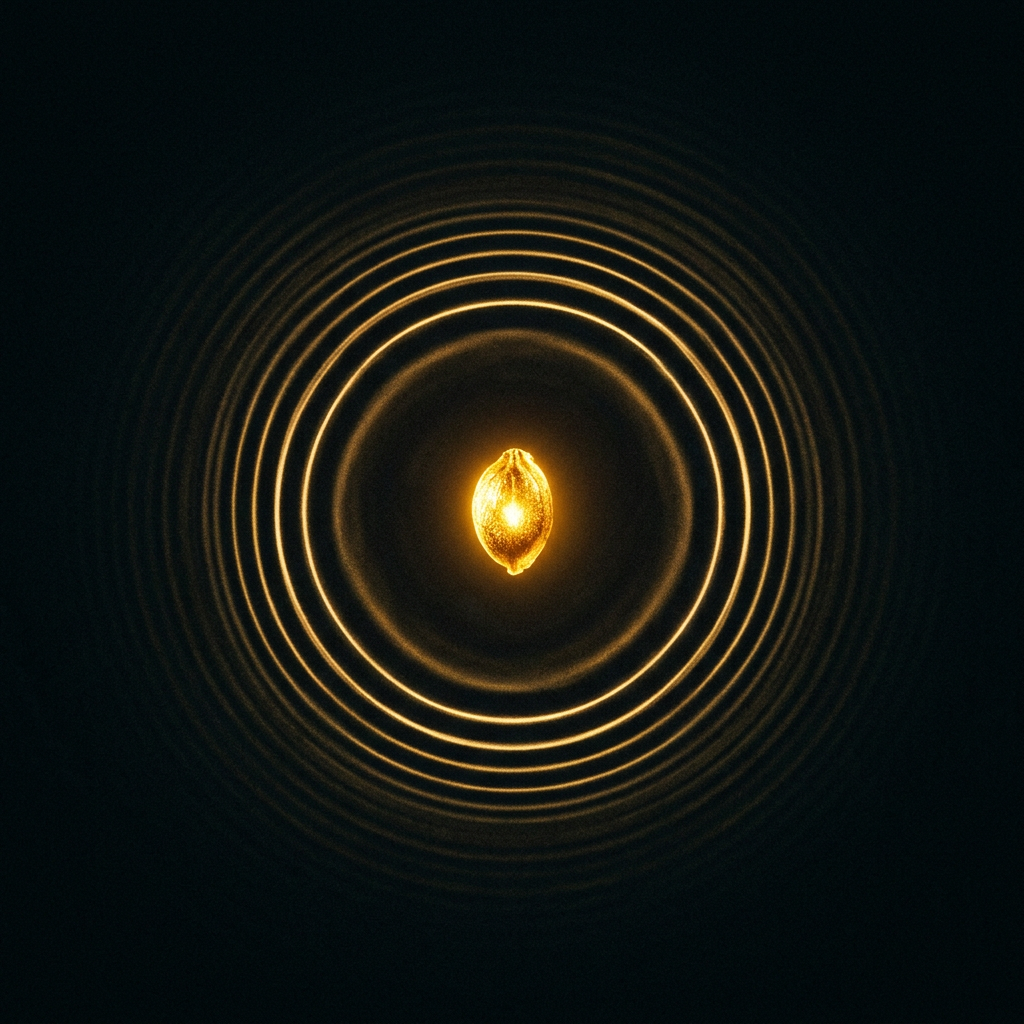 Glowing seed at center with golden concentric ripples radiating outward
