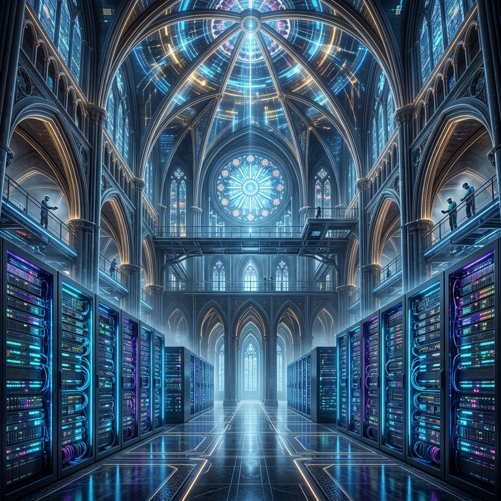 Data center server racks inside a Gothic cathedral with stained glass windows