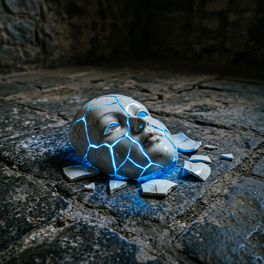 Cracked ceramic face pieces glowing blue scattered on stone floor