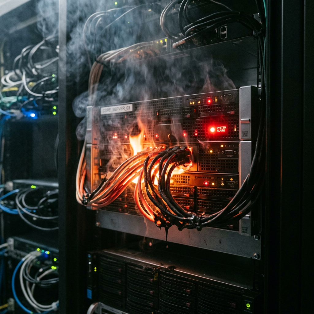 Server equipment on fire with burning cables and system alarm light