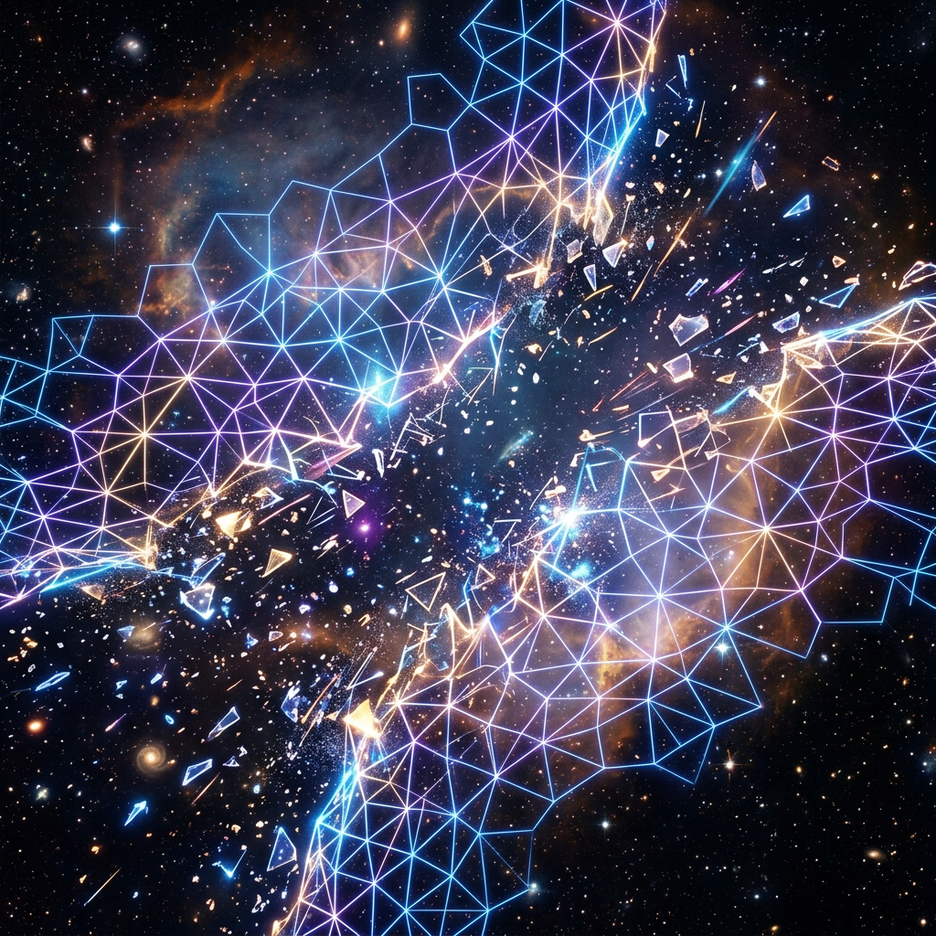 Bright glowing hexagonal grid breaking apart in outer space with stars and nebulae