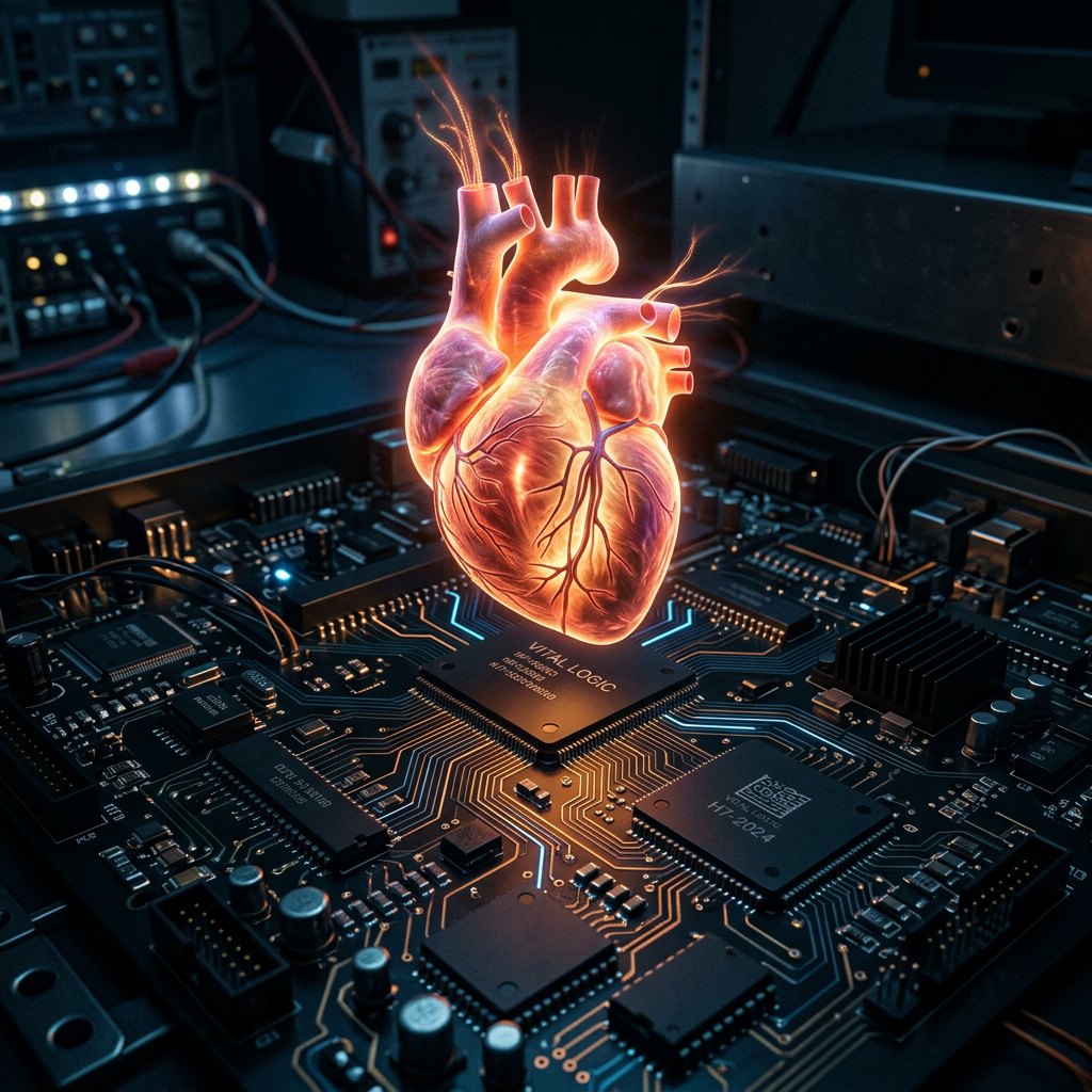 Glowing human heart model positioned on a detailed electronic circuit board