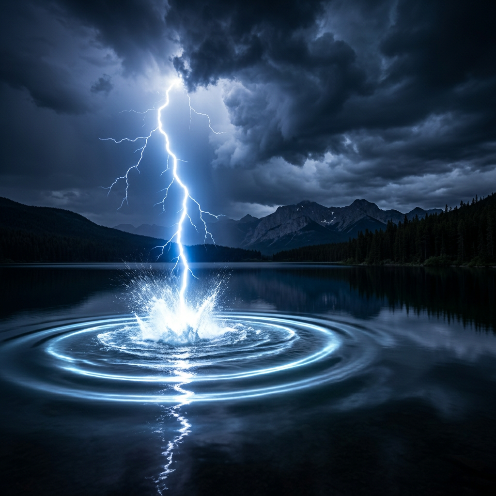 Lightning bolt striking a lake under dark stormy clouds with ripples on water