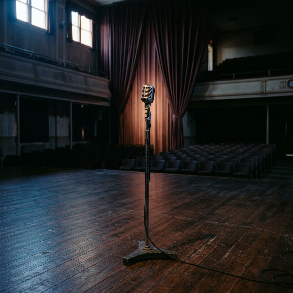Vintage microphone on stand centered on empty wooden stage in theater with empty seats and closed curtains