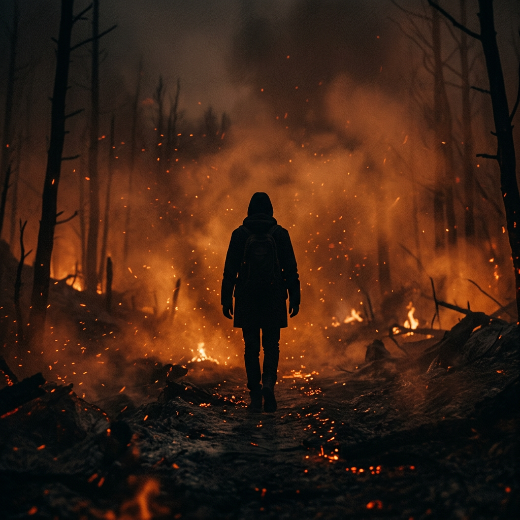 Person walking on a path through a forest fire with embers and smoke.
