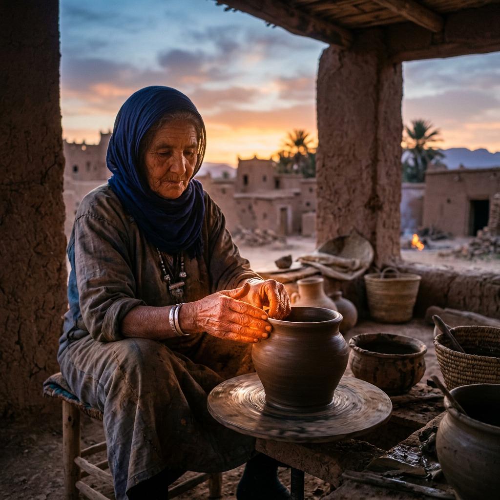 Elderly woman crafting a clay pot on a potter's wheel at dusk