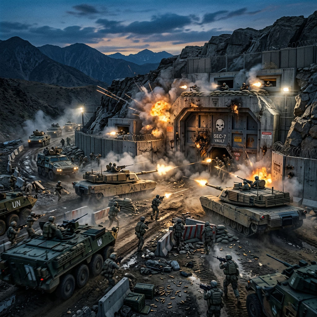 Military forces attacking a heavily fortified mountain vault with tanks and soldiers