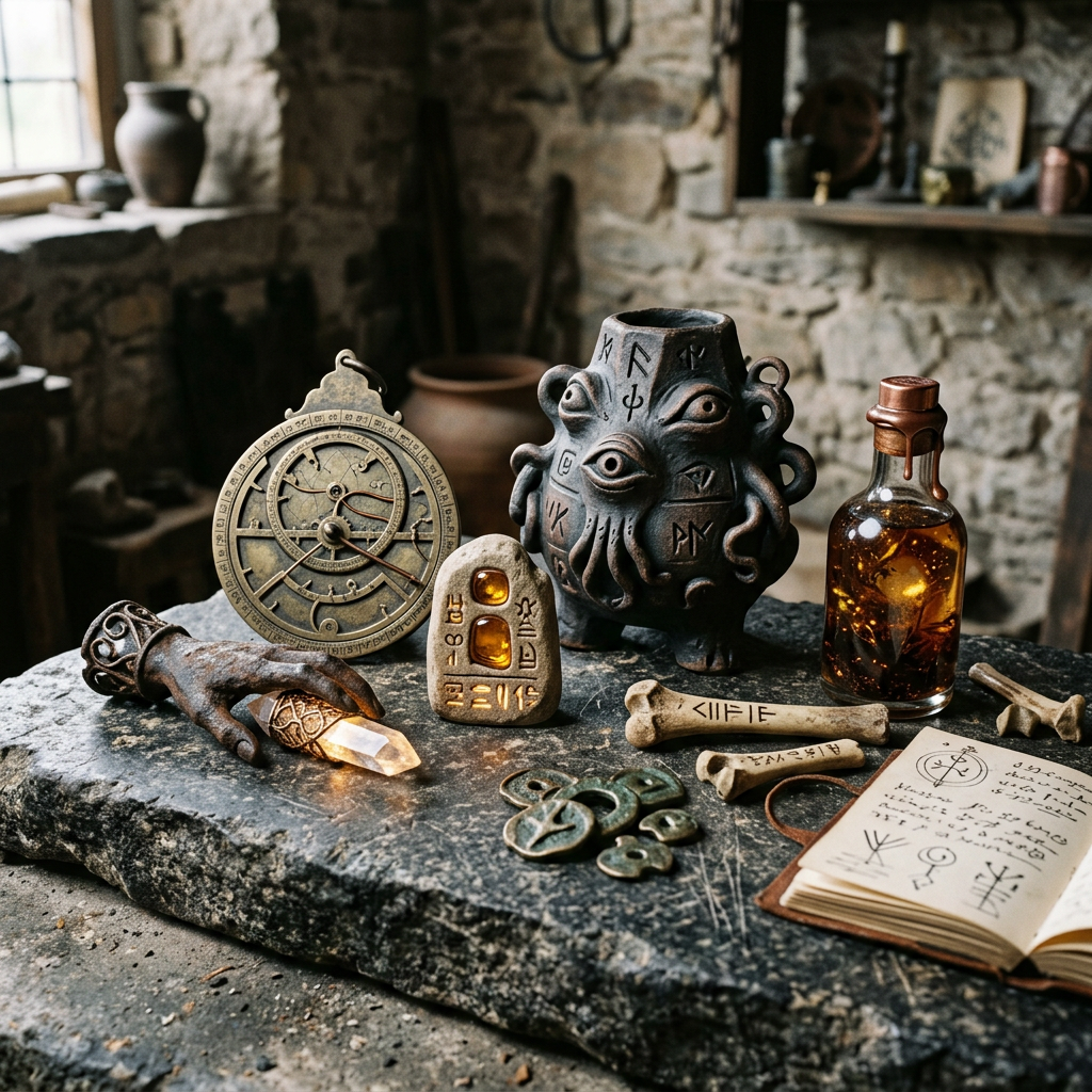 Ancient artifacts including a star-shaped crystal, a stone tablet with glowing amber, a multi-eyed carved vessel, a brass astrolabe, bones with runes, a bottle with amber liquid, and an open book with mystical symbols