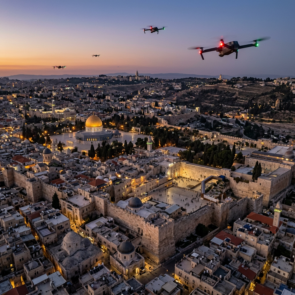Drones flying over illuminated Jerusalem with Dome of the Rock and Western Wall at dusk