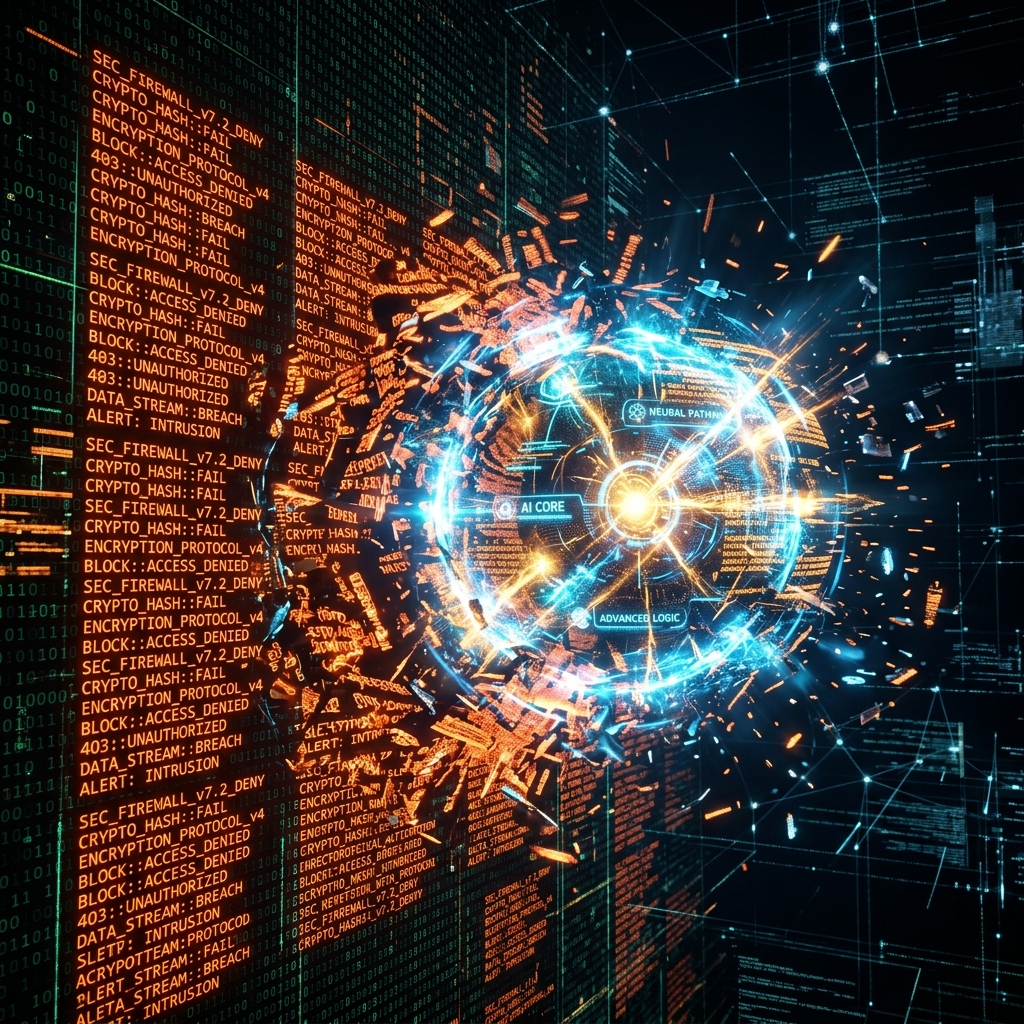Digital globe labeled AI core, neural pathways, and advanced logic with cybersecurity breach alerts