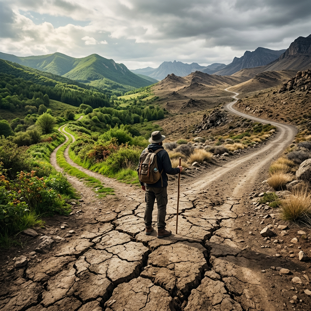Hiker with backpack and walking stick standing at a fork with a green forest path on the left and a rocky winding path on the right under cloudy skies