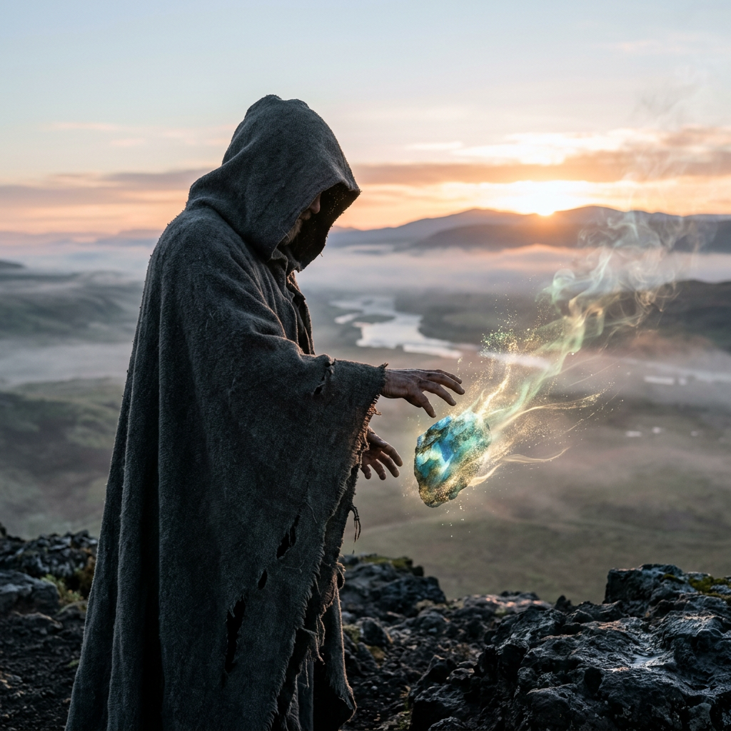 Hooded figure in dark cloak levitating glowing blue magical stone with flames