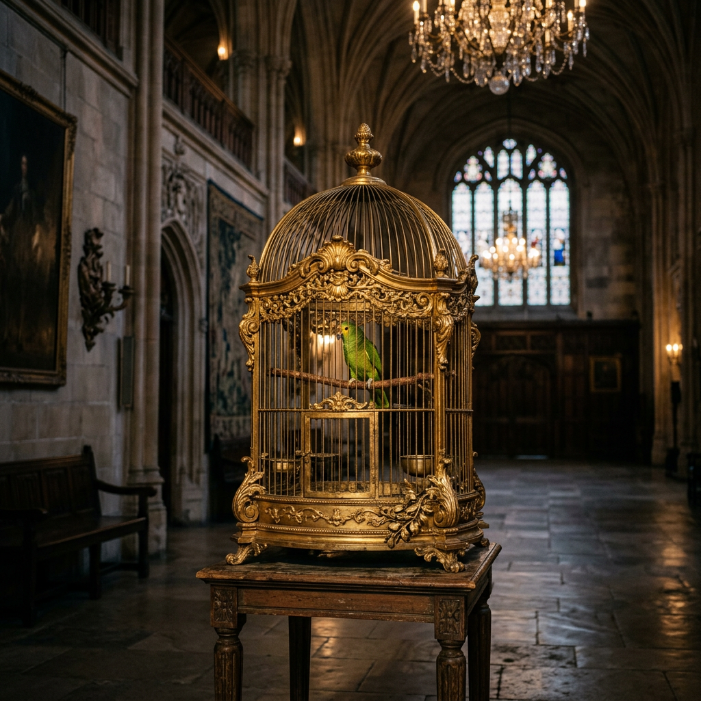 Green parrot in ornate golden birdcage on wooden table inside historic hall