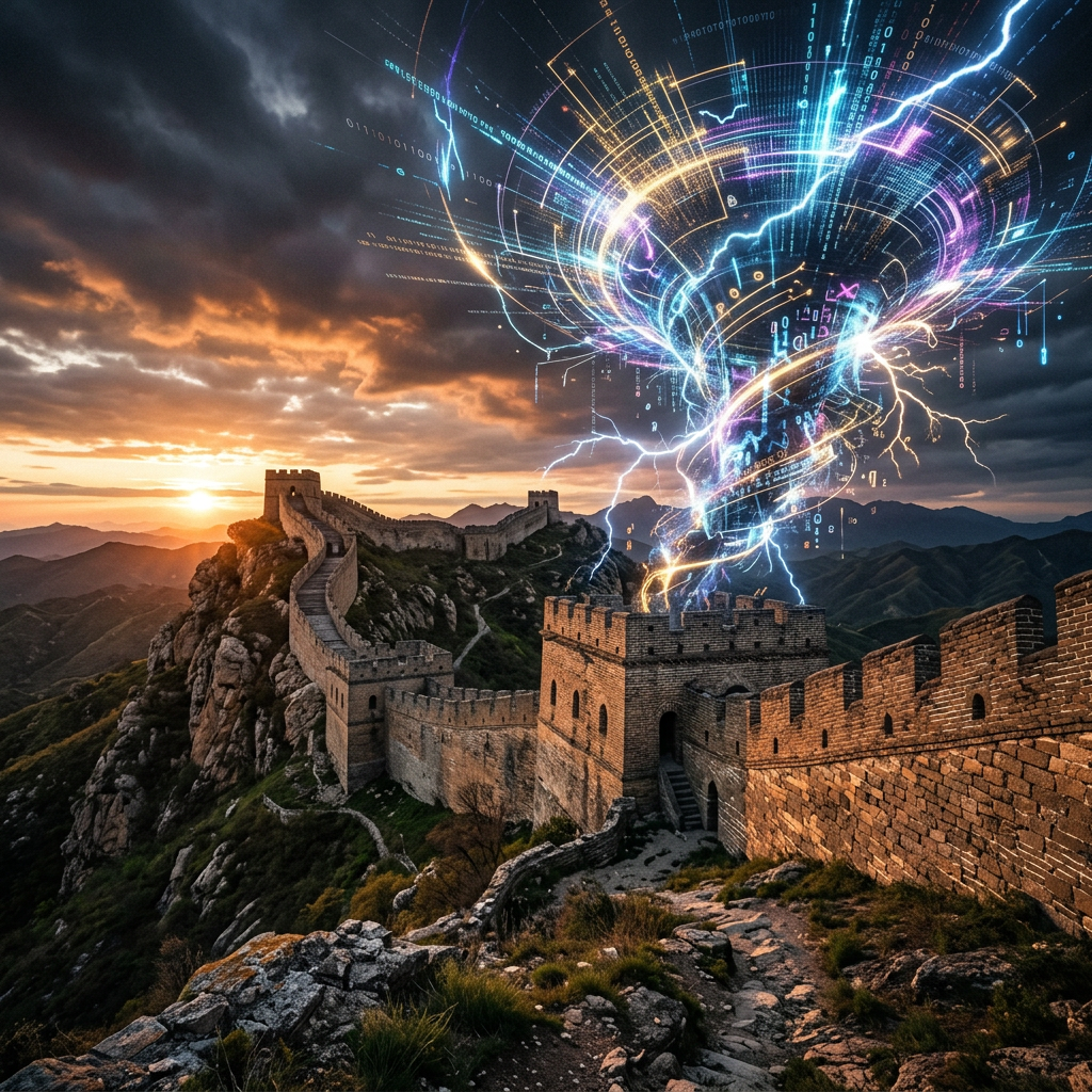 Great Wall of China with a digital vortex of glowing light and data swirling above it at sunset