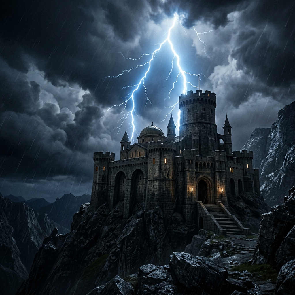 Medieval stone castle on rocky mountain with lightning and dark storm clouds