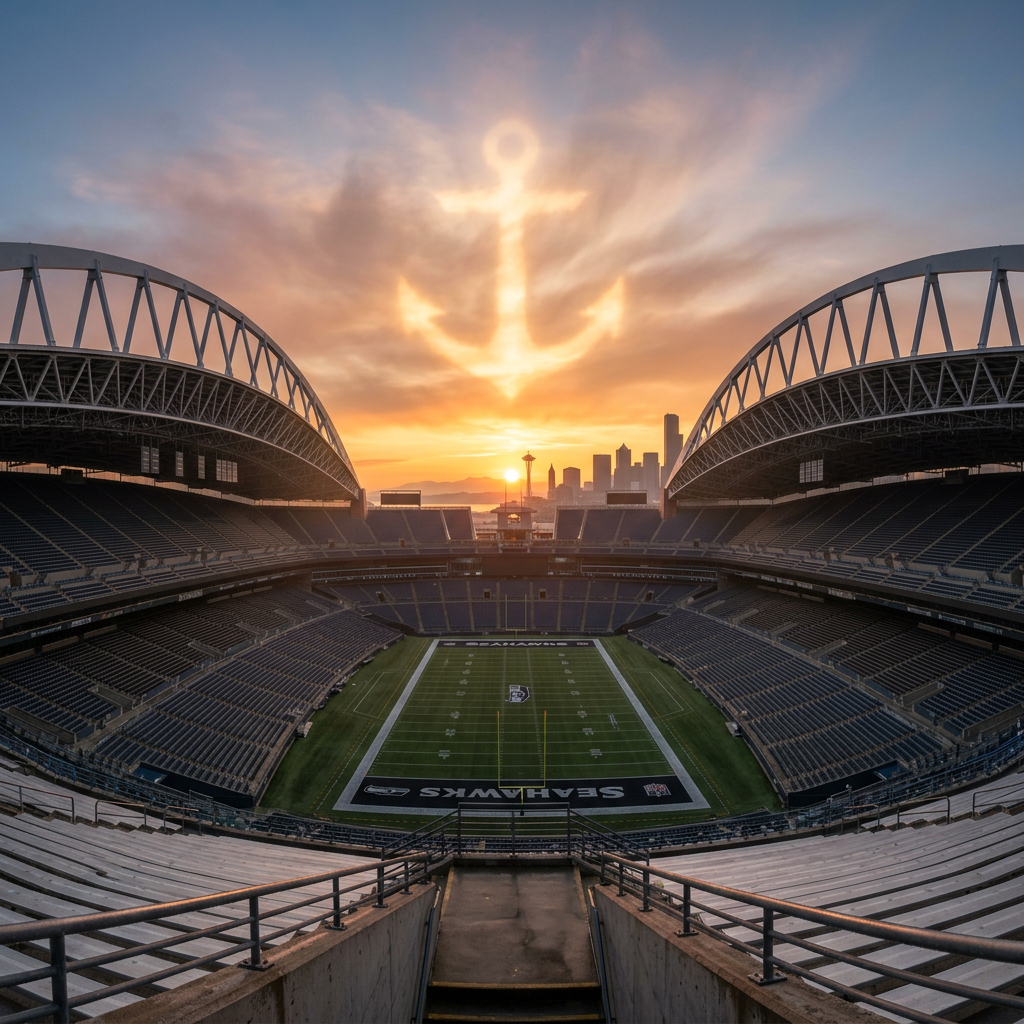 Empty Seattle Seahawks stadium with glowing anchor-shaped cloud at sunset