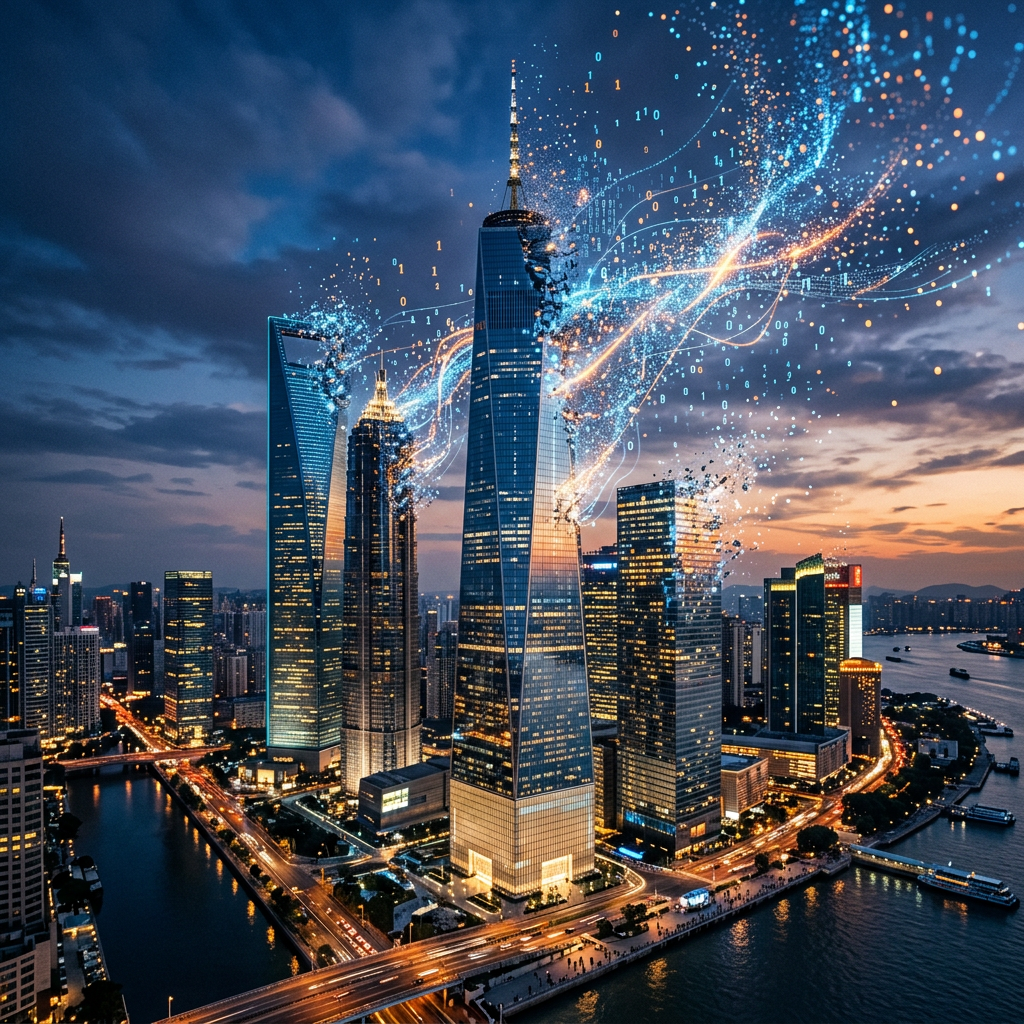 City skyline at sunset with digital data streams flowing over skyscrapers