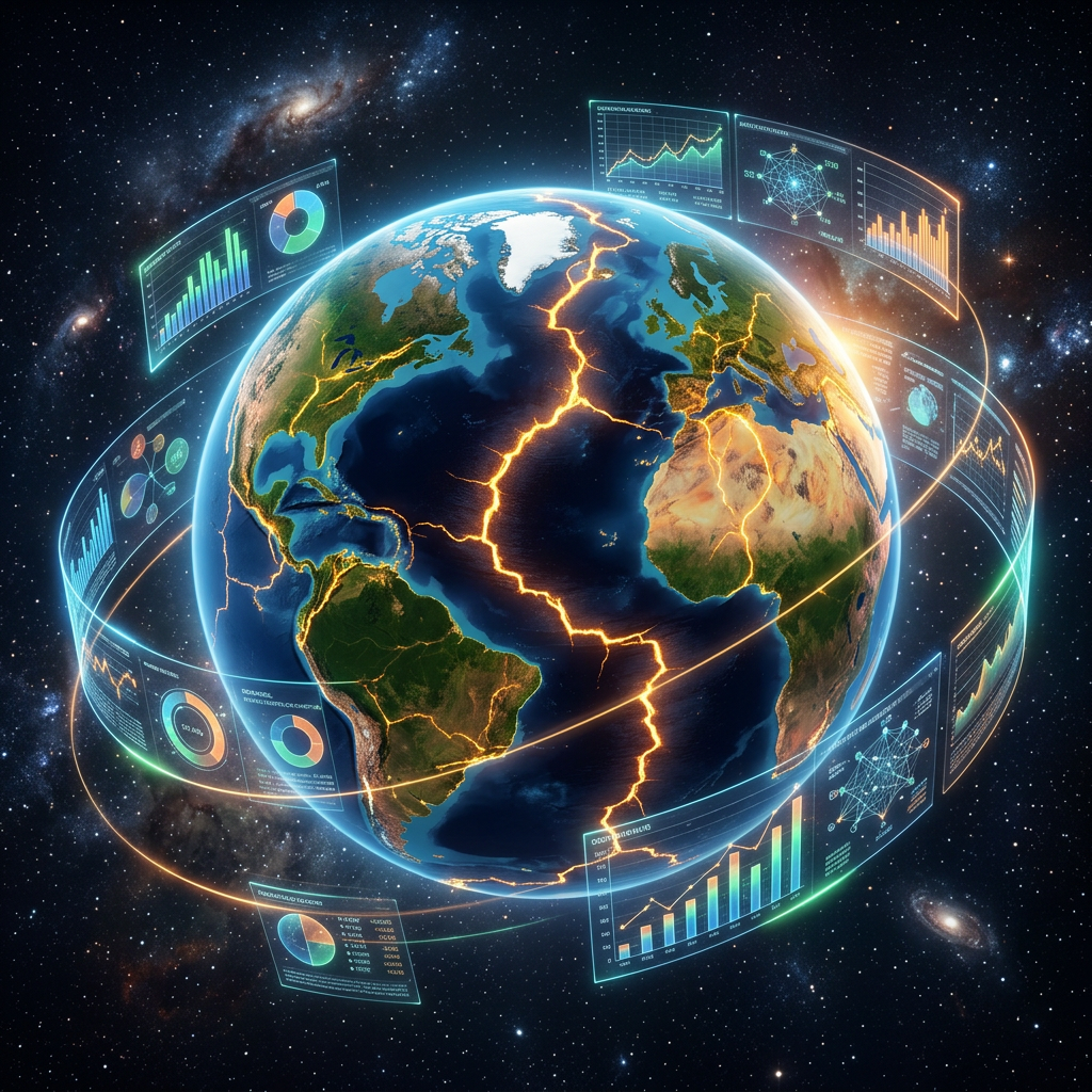 Earth with glowing fault lines and surrounding animated data charts