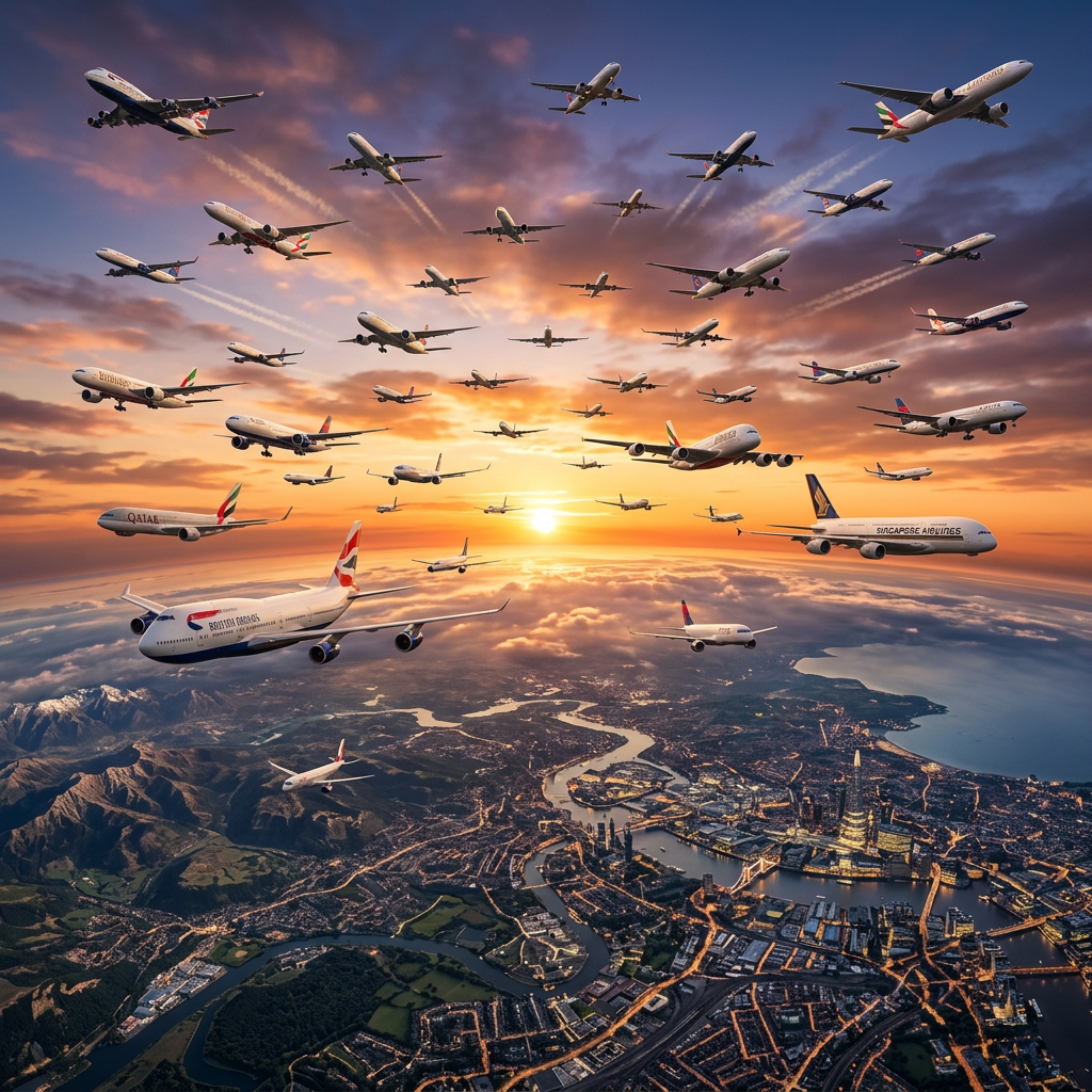 Multiple commercial airplanes flying over a city skyline during sunset