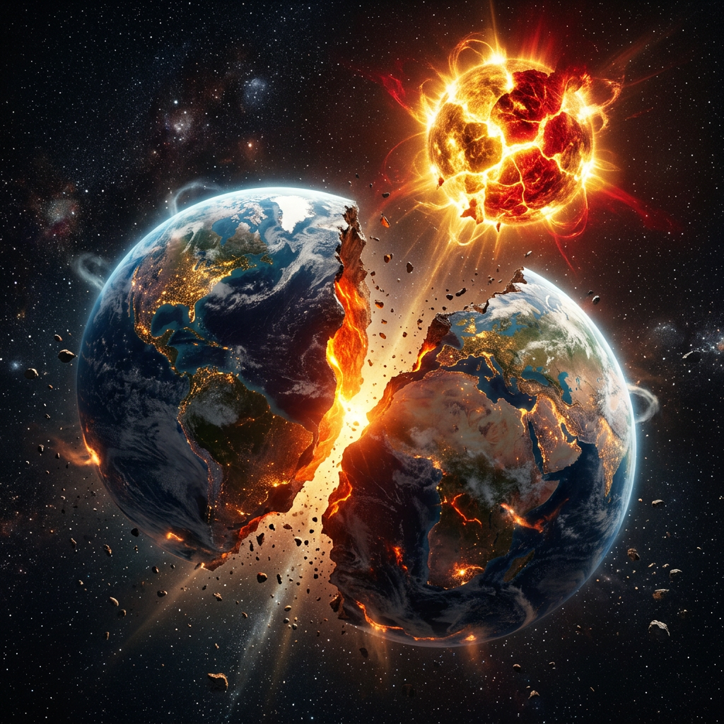 Earth cracked in half with glowing lava and fiery fragments in space