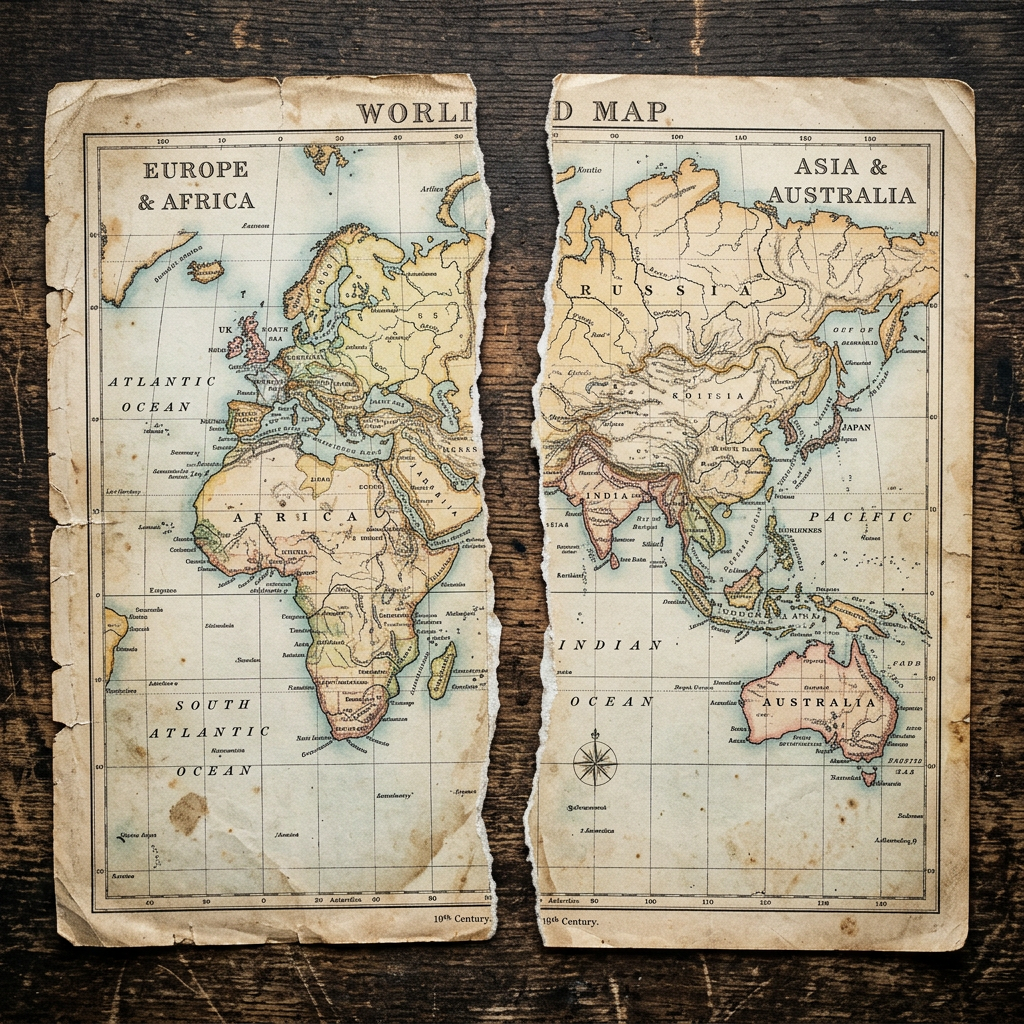 Torn antique world map showing Europe, Africa, Asia, and Australia on wooden background