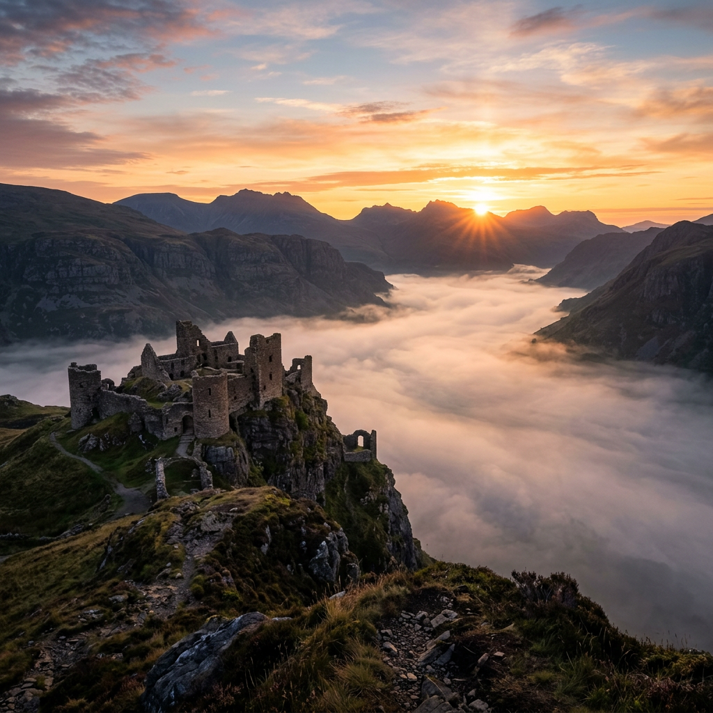 Castle ruins on a mountain with mist-filled valley and sunrise behind mountains