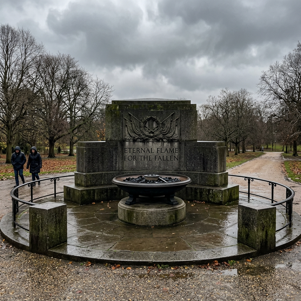 Stone memorial with Eternal Flame for the Fallen inscription and unlit flame basin in a park