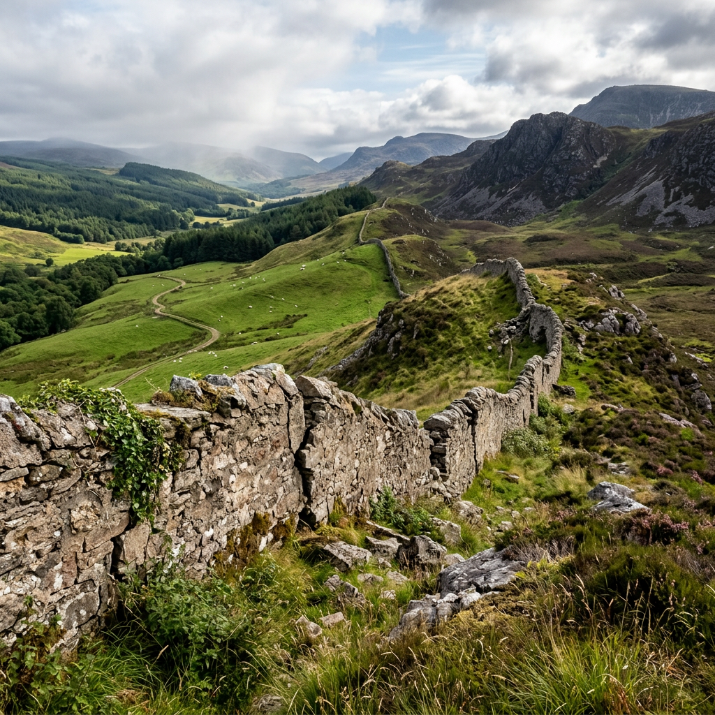Dry stone wall curving over green hills and rocky terrain with distant mountains.